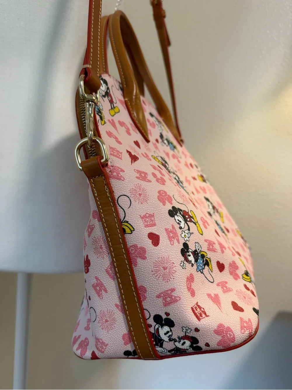 Dooney & Bourke Disney Mickey Mouse Print Satchel Purse Brown Trim Love Heart